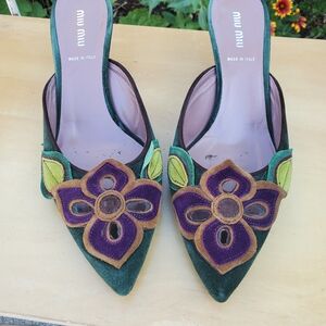 Miu Miu Green Suede Pointed-Toe Mules with Floral Applique